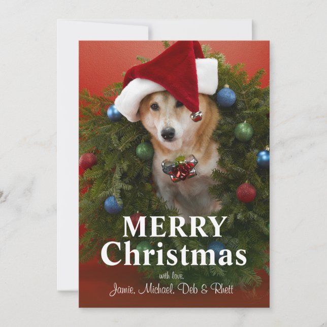 Shiba Inu dog sitting in Christmas wreath Holiday Card (Front)