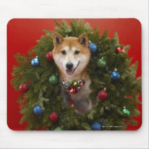 Shiba Inu dog sitting in Christmas wreath Mouse Mat