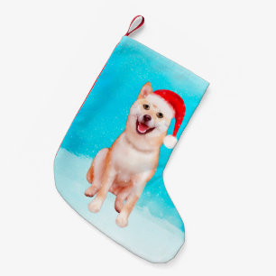 Shiba Inu Dog Sitting in snow with Christmas Hat Small Christmas Stocking