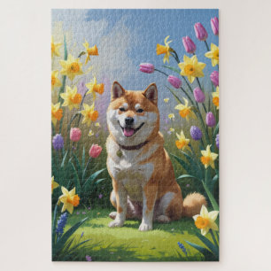 Shiba Inu Dog Spring Flowers Painting Jigsaw Puzzle