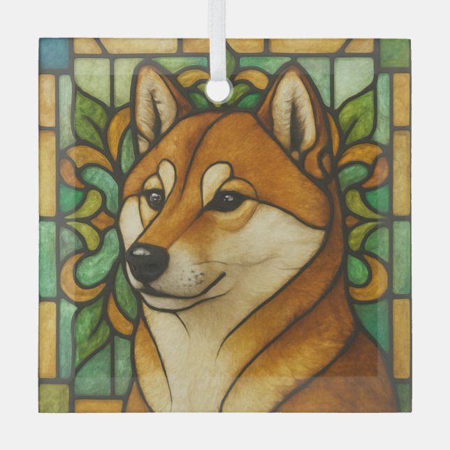 Shiba Inu Dog "Stained Glass"  Glass Tree Decoration (Front)