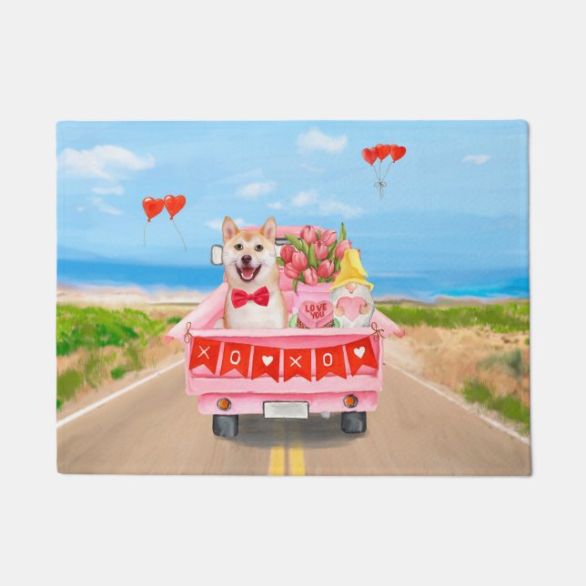 Shiba Inu Dog Valentine's Day Truck Hearts Doormat (Front)