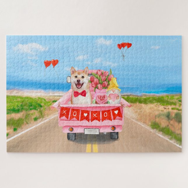 Shiba Inu Dog Valentine's Day Truck Hearts Jigsaw Puzzle (Horizontal)