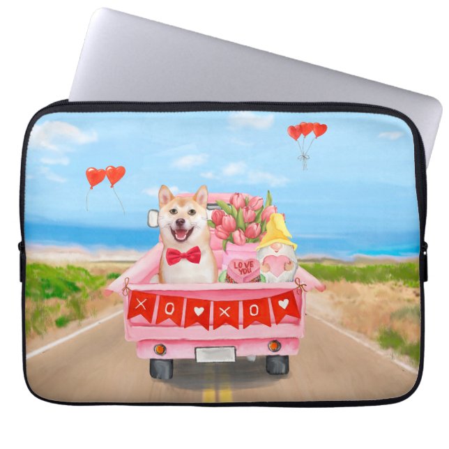 Shiba Inu Dog Valentine's Day Truck Hearts Laptop Sleeve (Front)