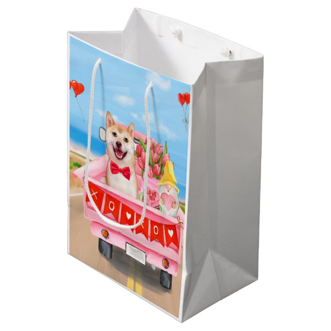 Shiba Inu Dog Valentine's Day Truck Hearts Medium Gift Bag (Front Angled)
