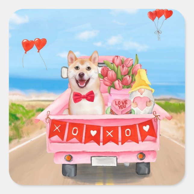 Shiba Inu Dog Valentine's Day Truck Hearts Square Sticker (Front)