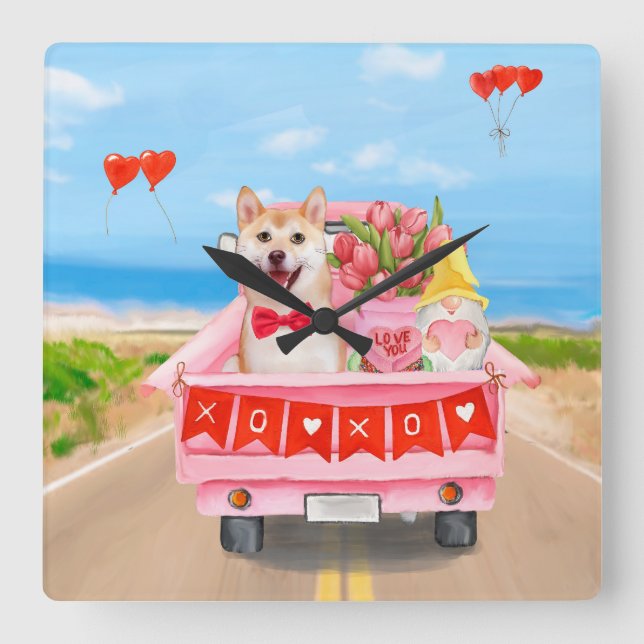 Shiba Inu Dog Valentine's Day Truck Hearts Square Wall Clock (Front)