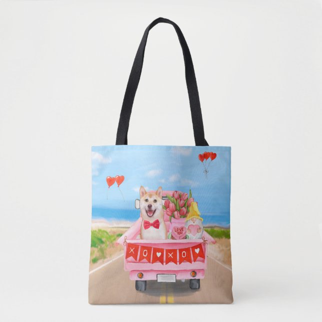 Shiba Inu Dog Valentine's Day Truck Hearts Tote Bag (Front)