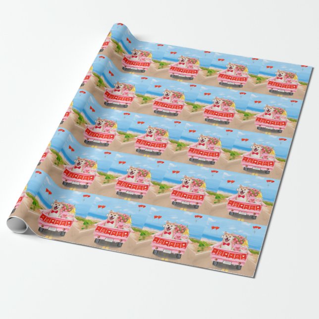 Shiba Inu Dog Valentine's Day Truck Hearts Wrapping Paper (Unrolled)