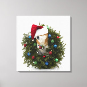 Shiba Inu dog wearing Santa hat sitting in Canvas Print