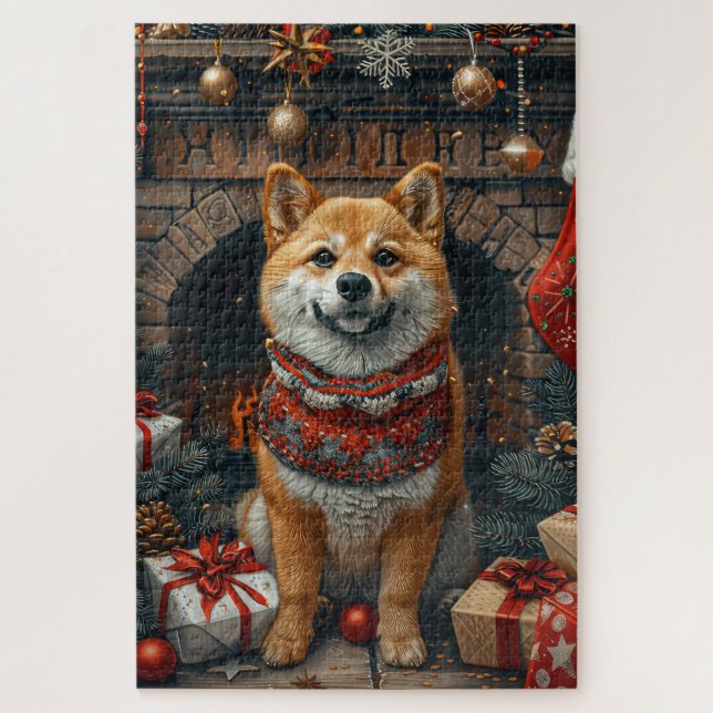 Shiba Inu Dog With Christmas Gifts Fireplace Jigsaw Puzzle (Vertical)