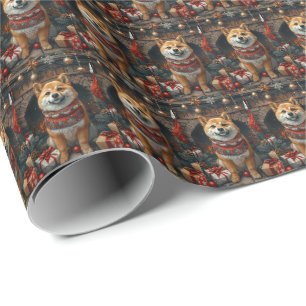 Shiba Inu Dog With Christmas Gifts Fireplace Wrapping Paper