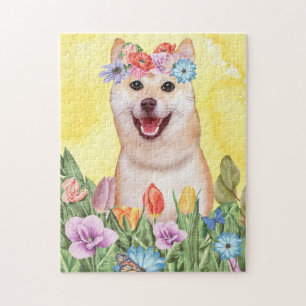 Shiba Inu Dog with Flowers Spring Jigsaw Puzzle