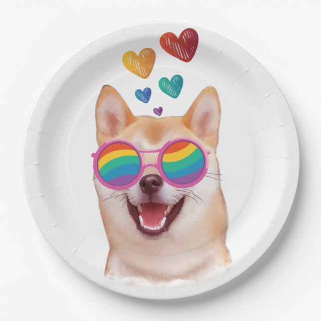 Shiba Inu Dog with Hearts Valentine's Day Paper Plate (Front)