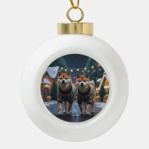 Shiba Inu Dogs Christmas Snow Holiday Ceramic Ball Christmas Ornament