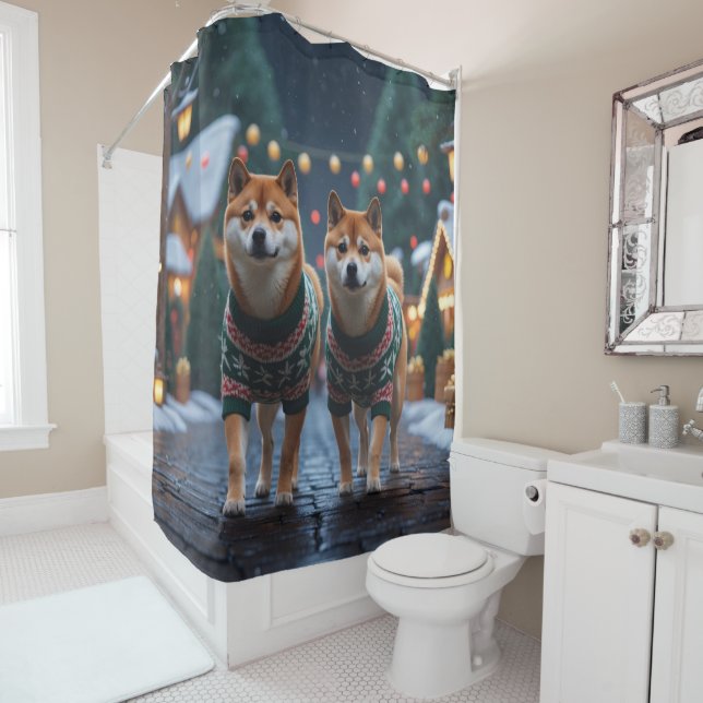 Shiba Inu Dogs Christmas Snow Holiday Shower Curtain (In Situ)