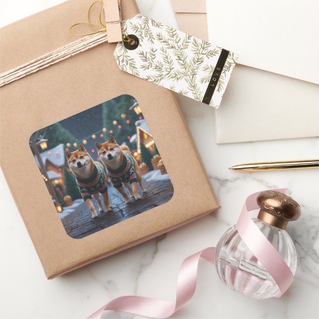 Shiba Inu Dogs Christmas Snow Holiday Square Sticker (Gifting)