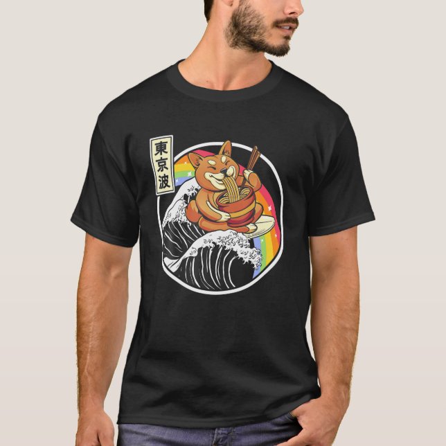 Shiba Inu Eating Ramen Surfing Kanagawa Wave Japan T-Shirt (Front)