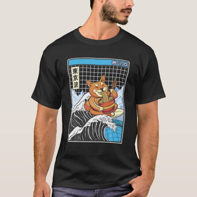 Shiba Inu Eating Ramen Surfing Kanagawa Wave Japan T-Shirt (Front)