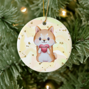Shiba Inu Holding A Heart Ceramic Tree Decoration