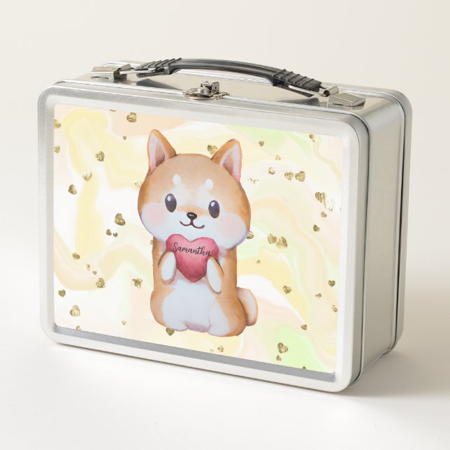 Shiba Inu Holding A Heart Metal Lunch Box (Front)