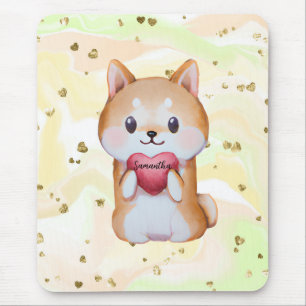 Shiba Inu Holding A Heart Mouse Mat