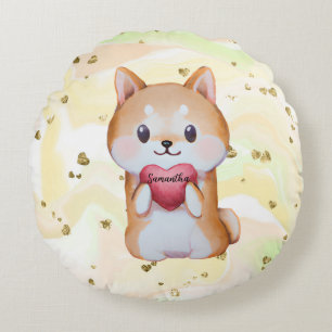 Shiba Inu Holding A Heart Round Cushion