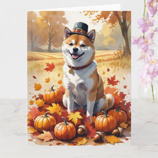 Shiba Inu In Autumn Leaves Thanksgiving Art  Card (Orchid)
