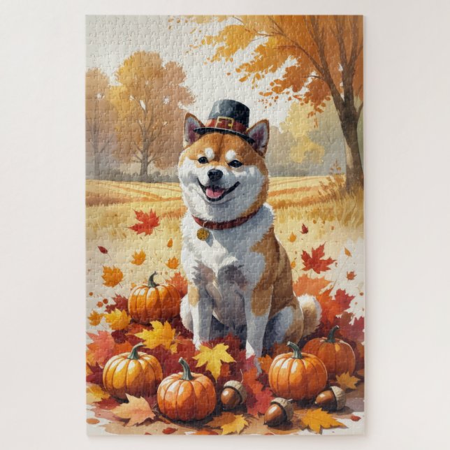 Shiba Inu In Autumn Leaves Thanksgiving Art  Jigsaw Puzzle (Vertical)