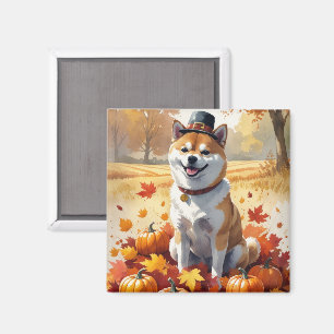 Shiba Inu In Autumn Leaves Thanksgiving Art  Magnet