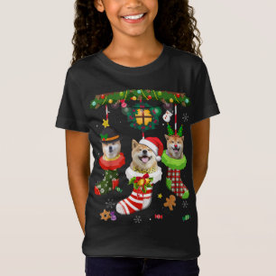 Shiba Inu In Socks Christmas Santa Hat Xmas Lights T-Shirt