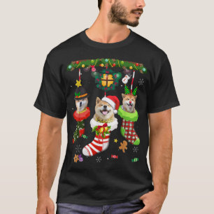 Shiba Inu In Socks Christmas Santa Hat Xmas Lights T-Shirt