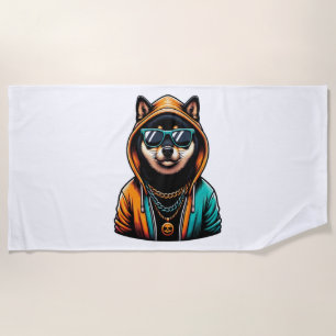 Shiba Inu in Streetwear Hoodie Beach Towel