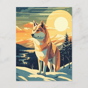 Shiba Inu in the snowy mountains during sunset Postcard