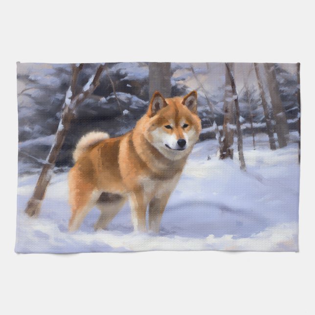 Shiba Inu Let It Snow Christmas  Tea Towel (Horizontal)