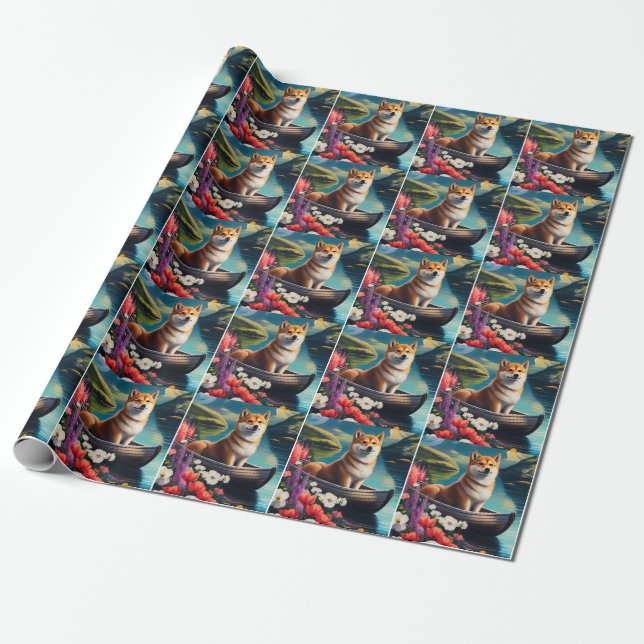 Shiba Inu on a Paddle: A Scenic Adventure Wrapping Paper (Unrolled)