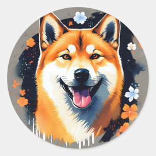 Shiba Inu Portrait with Floral Classic Round Sticker