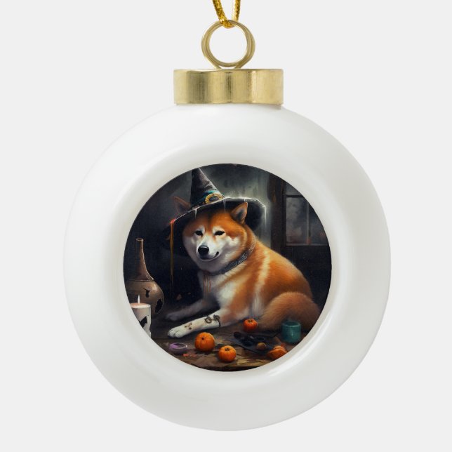 Shiba Inu Pumpkins Halloween Scary Ceramic Ball Christmas Ornament (Front)