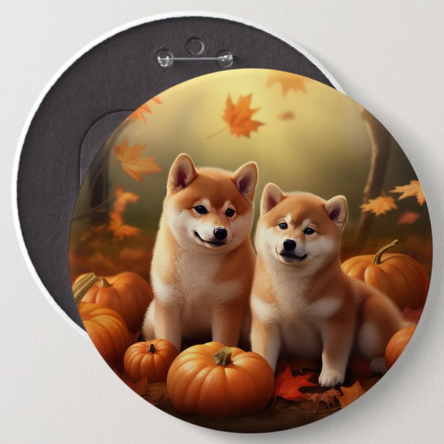 Shiba Inu Puppy Autumn Delight Pumpkin 6 Cm Round Badge (Front & Back)