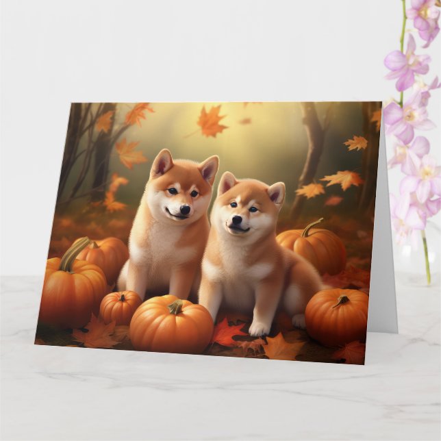 Shiba Inu Puppy Autumn Delight Pumpkin Card (Orchid)