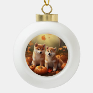Shiba Inu Puppy Autumn Delight Pumpkin Ceramic Ball Christmas Ornament