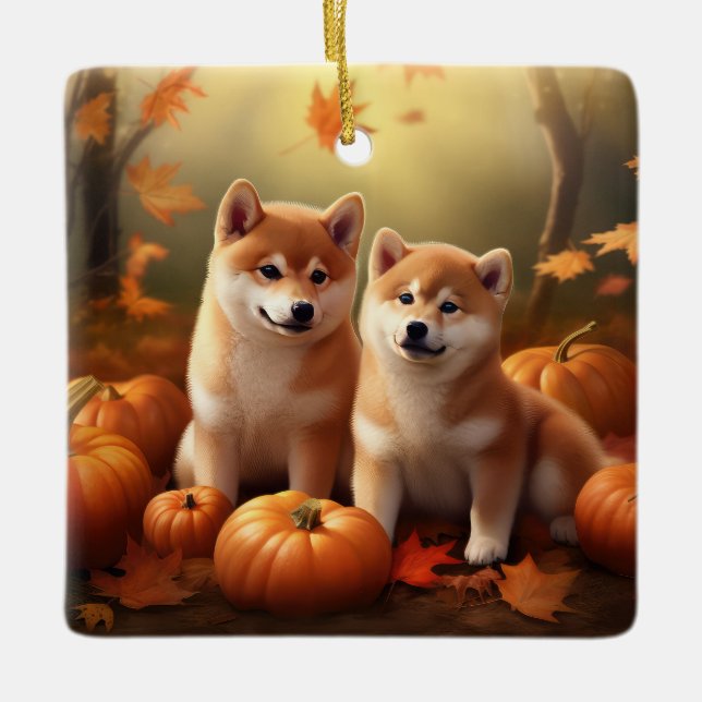 Shiba Inu Puppy Autumn Delight Pumpkin Ceramic Ornament (Front)