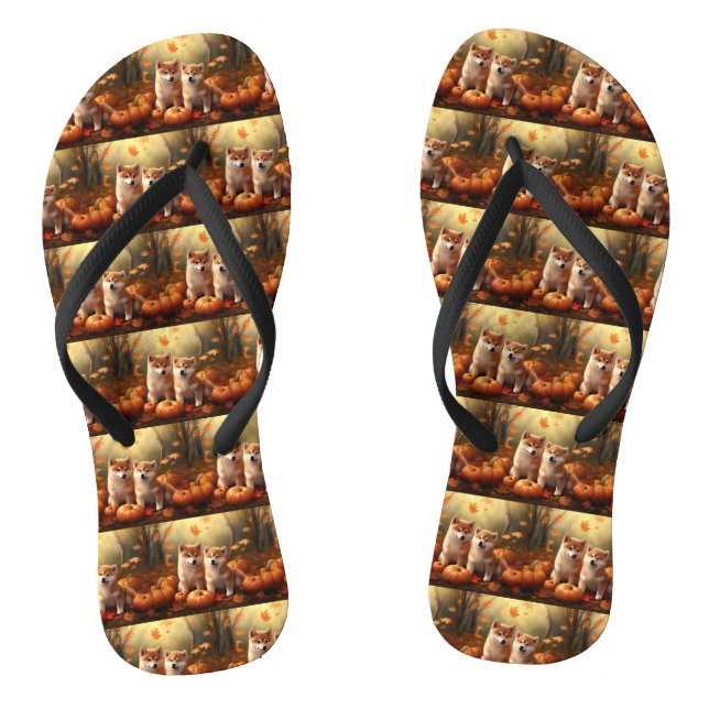 Shiba Inu Puppy Autumn Delight Pumpkin Flip Flops (Footbed)