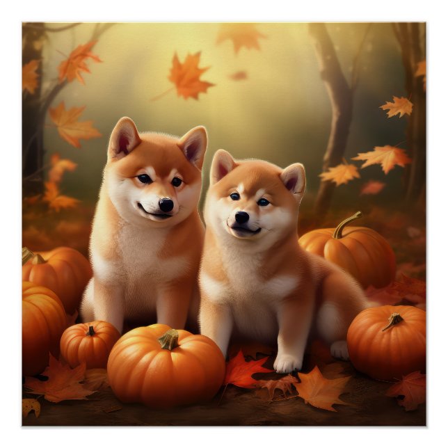 Shiba Inu Puppy Autumn Delight Pumpkin Poster (Front)