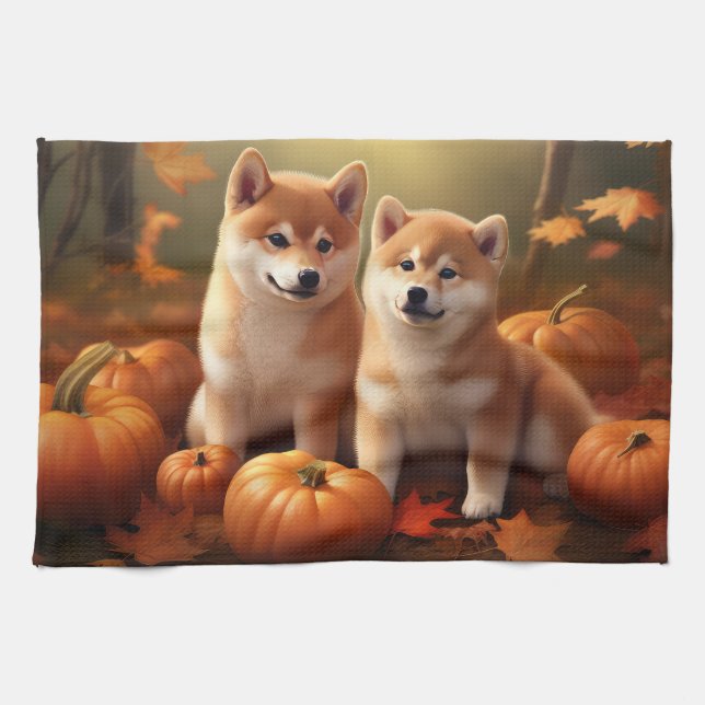Shiba Inu Puppy Autumn Delight Pumpkin Tea Towel (Horizontal)