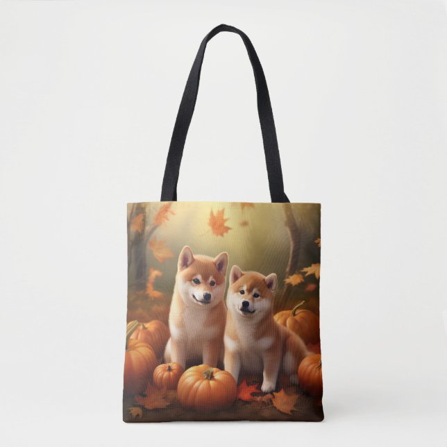 Shiba Inu Puppy Autumn Delight Pumpkin Tote Bag (Front)