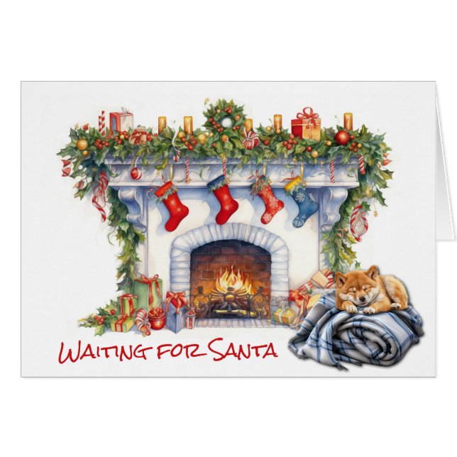 Shiba Inu Puppy Wait for Santa Fireplace (Front Horizontal)