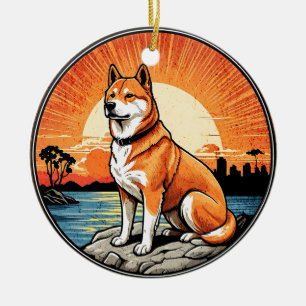 Shiba Inu Retro Sunset Dog Lover Ceramic Tree Decoration