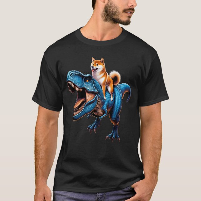 Shiba Inu Riding Dinosaur Lover T-Shirt (Front)