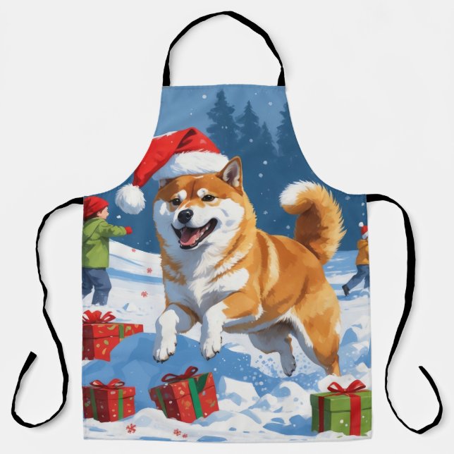Shiba Inu Running in Snow with Christmas Hat Apron (Front)